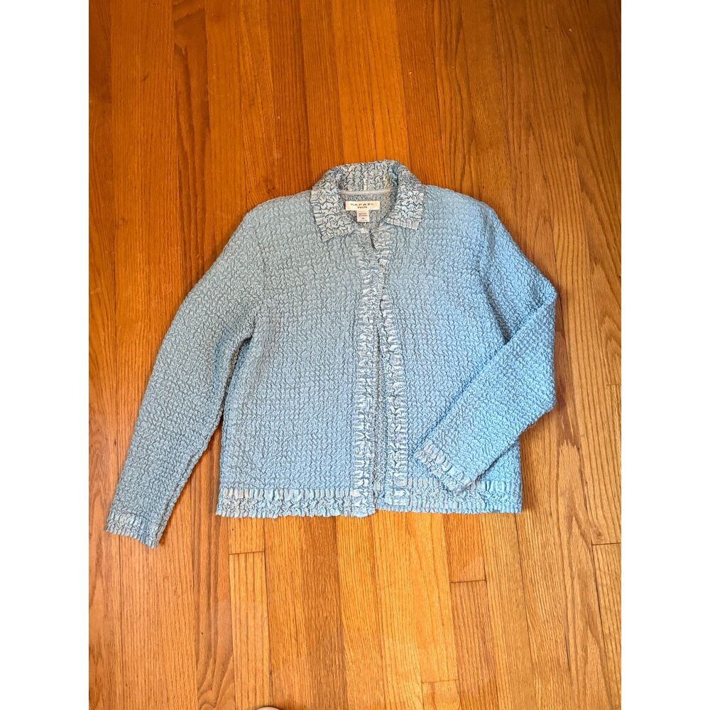 Vintage Rafael Petite Blue Crinkle Ruffle Jacket PS Y2K